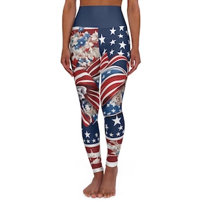 Patriotic USA Flag Inspired High Waist Leggings, Independence Day Stars & Stripes Designs, Festive Style Yoga Workout Pants for Women