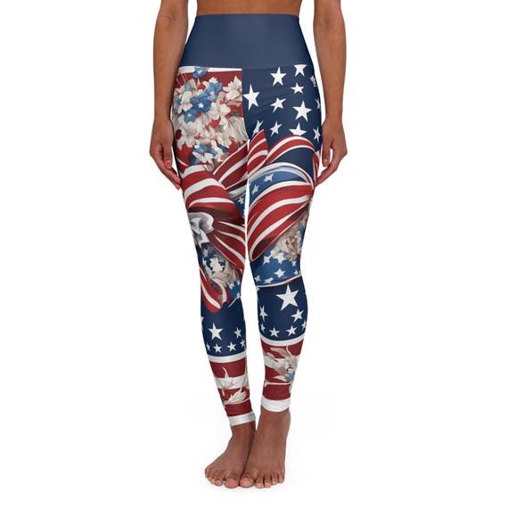 Patriotic High Waisted Leggings for Women |  USA American Flag Stars & Stripes Inspired Yoga Pants for 4th of July Fitness Everyday Wear