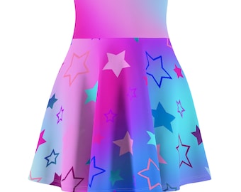 Jupe patineuse à imprimé étoiles célestes sur fond dégradé bleu et violet - Style patineuse tendance (AOP)
