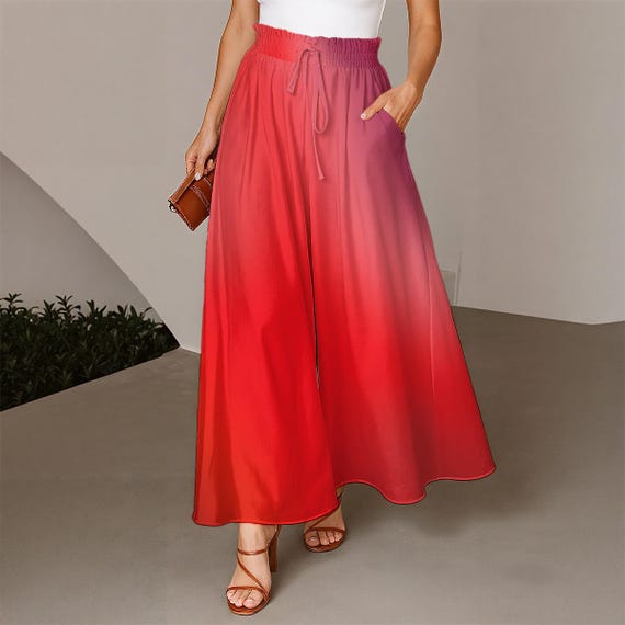 Red Gradient Women's Ruffled Wide-Leg Pants