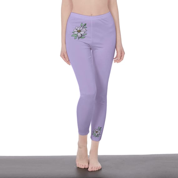 Solid Color Lavender Floral High Waisted Leggings for Women | Soft Yoga Pants with Minimal Flower Design | Stylish Workout & Lounge Wear