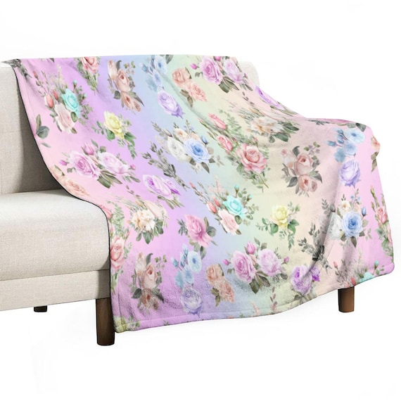 Soft Floral Pastel Rainbow Blanket - Plush Polyester Fleece, Warm Cuddling Throw, Home Decor Bedspread, Snuggly Valentine's Day Gift