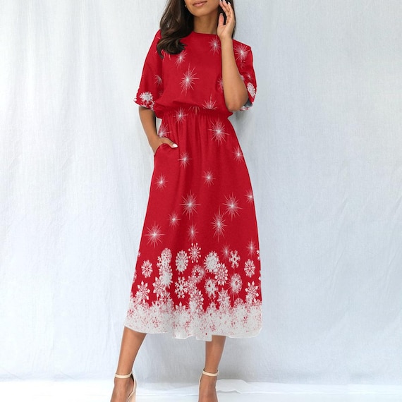 Winter Snowflake Print Women’s Elastic Waist Dress on Red Background