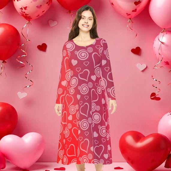 Valentine's Day Maxi Dress: Red Hearts & Swirls - Long Sleeve Polyester