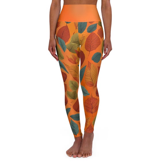 Orange Fall Leaves High Waisted Yoga Leggings for Women | Tummy Control Workout Pants | Vibrant Gradient  Stylish Athleisure Activewear Gift