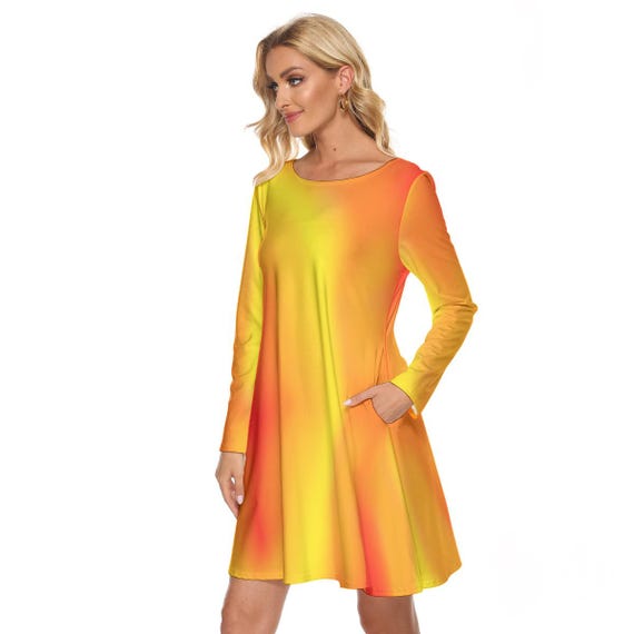 Gradient Warm Shades Knee Length Dress - Long Sleeve with Pocket