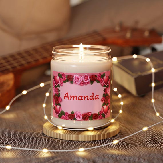 Personalized Soy Candle, Hearts and Roses, Romantic Gift