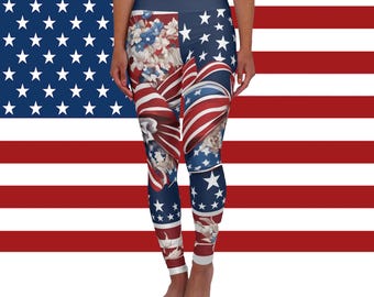 Patriotic High Waisted Leggings for Women |  USA American Flag Stars & Stripes Inspired Yoga Pants for 4th of July Fitness Everyday Wear