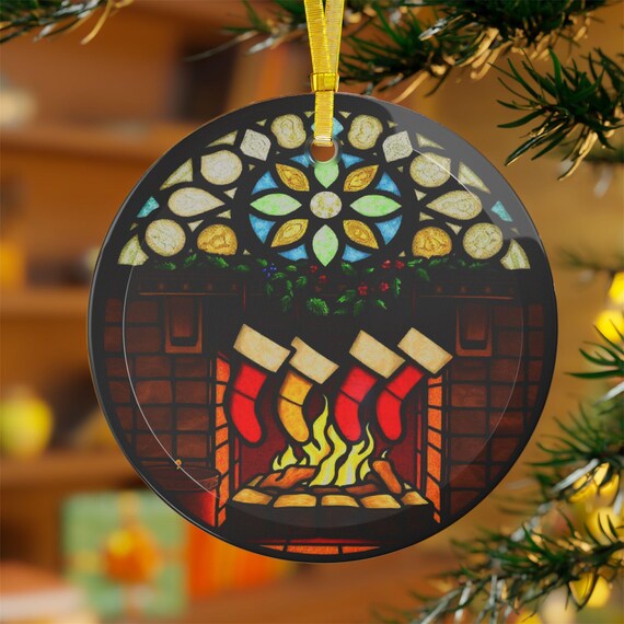 Stained Glass Fireplace Ornament: Festive Holiday Bauble