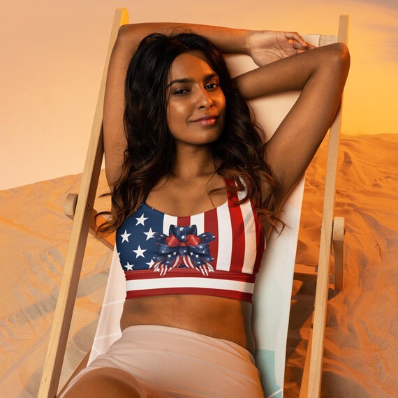 Patriotic USA Flag Recycled Longline Sports Bra: July 4th Workout Top