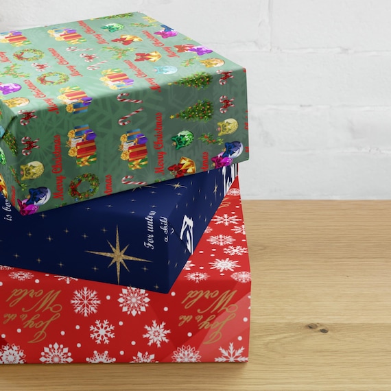 Christmas Gift Wrapping paper sheets - Christian Themed - Set of 3 Beautiful Colorful Festive Holiday Designs - Nativity, Joy to the World