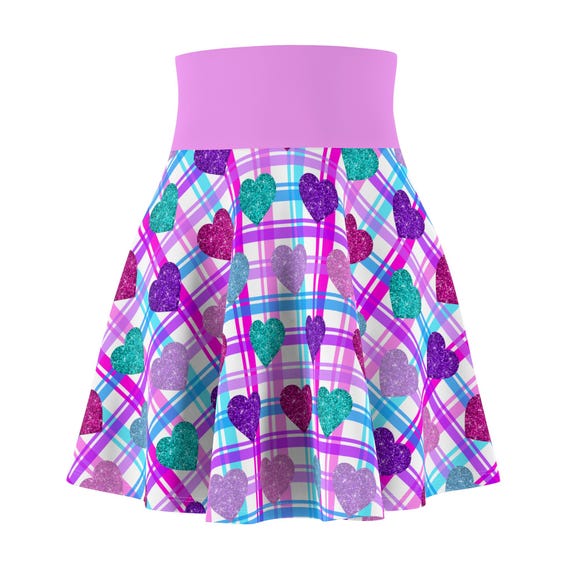 Pink Purple Blue Heart Plaid Skater Skirt