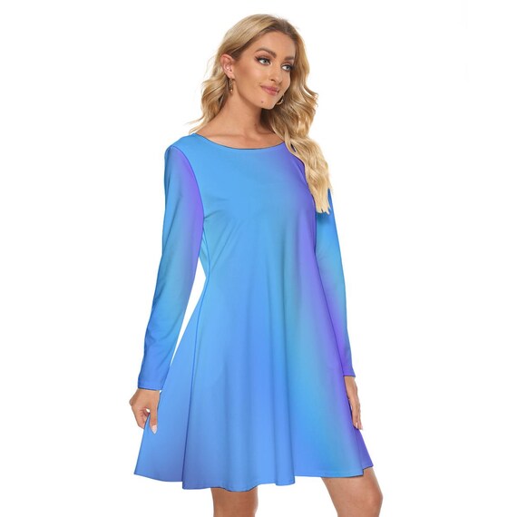 Blue Ombre Gradient Dress: Long Sleeve Mini Party Dress