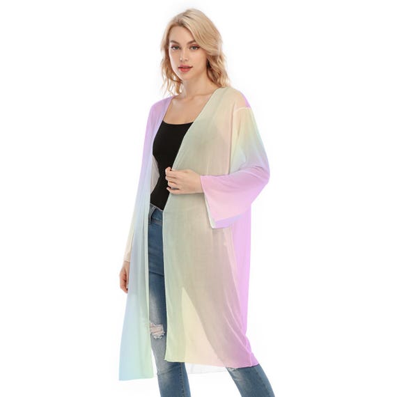 Pastel Rainbow Mesh Transparent Knee Length Cardigan - Lightweight Summer Layering Piece