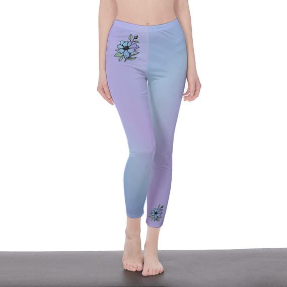 Pastel Light Blue Ombre Floral High Waisted Leggings for Women | Soft Yoga Pants with Minimal Flower Design | Stylish Workout & Lounge Wear