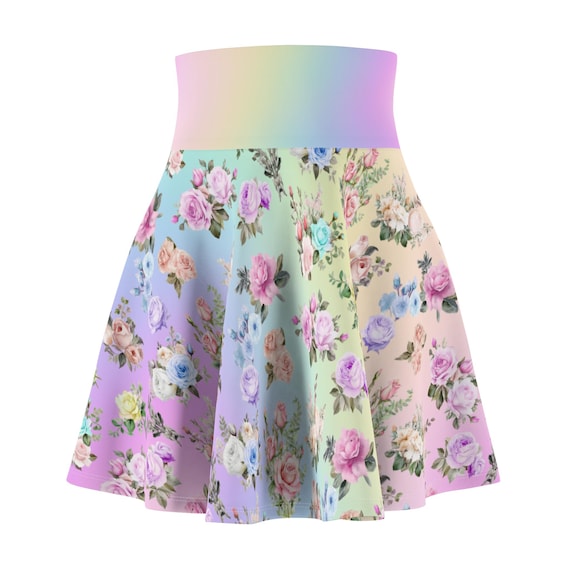 Pastel Rainbow Rose Print Skater Skirt: Feminine Spring Design