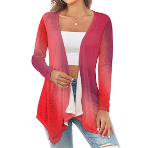 May include: A long-sleeved, open-front cardigan with a gradient ombre design in shades of red, pink, and purple. The cardigan has a relaxed fit and a slightly asymmetrical hemline.