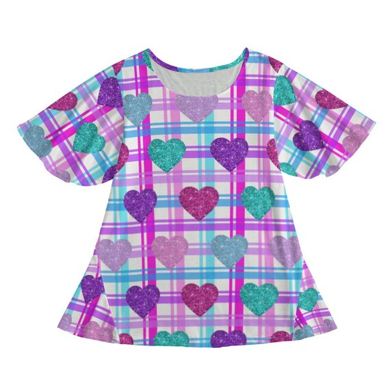 Plaid Mini T-Shirt Dress: Butterfly Sleeves & Heart Design