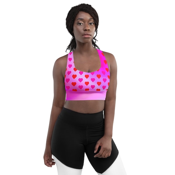 Heart Pattern Longline Sports Bra | Recycled Material | Bright Pink Gradient Design, Valentine's Day Design