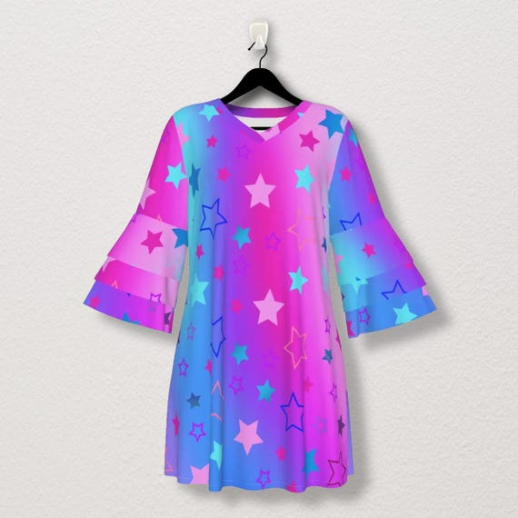 Dreamy Stacked Ruffle Sleeve Dress - Pink, Purple & Blue Stars on Gradient Background