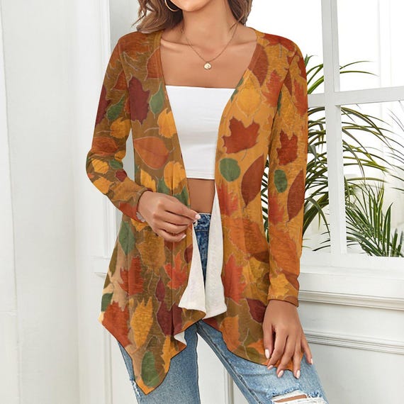 Drop Shoulder Women's Open Shirt Cardigan with Irregular Hem— Fall Leaves Print & Brown Gradient Designs