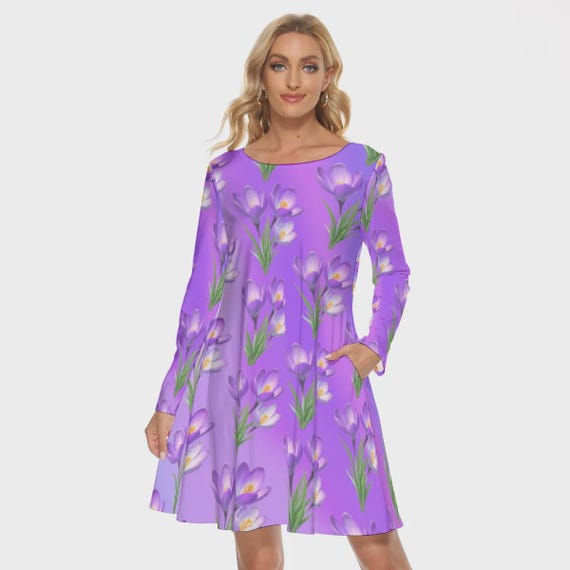 Purple Floral Gradient Dress: Long Sleeve Microfiber Cocktail Dress