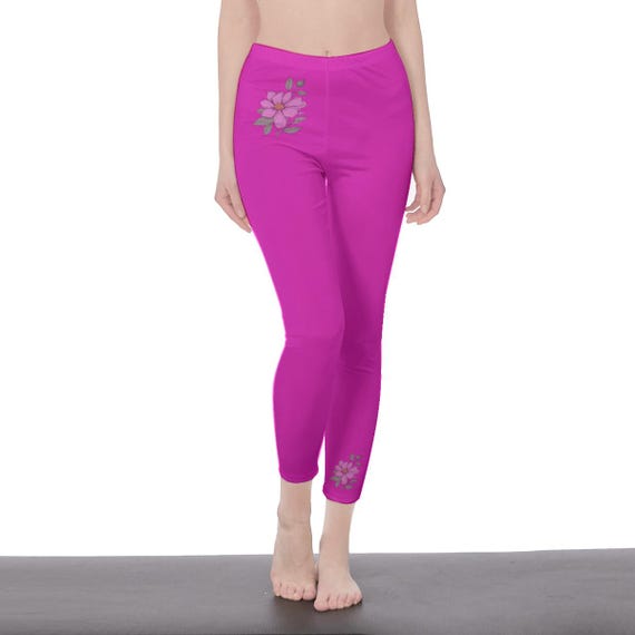 Solid Color Magenta Hot Pink Floral High Waisted Leggings for Women | Soft Yoga Pants Minimal Flower Design | Stylish Workout & Lounge Wear