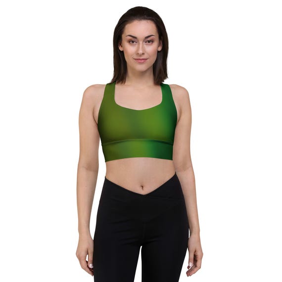 Army Green Gradient Longline Sports Bra for Women | Recycled Fabric Activewear Top, Yoga & Workout Crop Tank