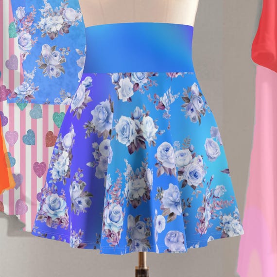 Blue Floral Skater Skirt: Gradient Flower Print Mini Skirt