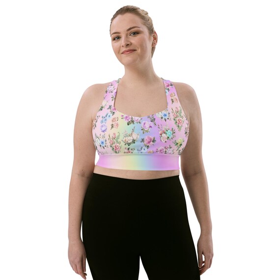 Pastel Rainbow Floral Sports Bra: Recycled Longline Activewear
