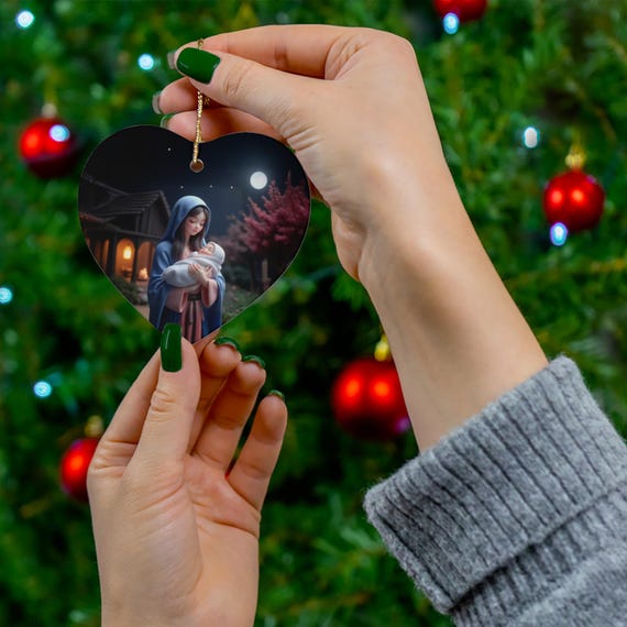 Kawaii Mary and Baby Jesus Ceramic Christmas Ornament