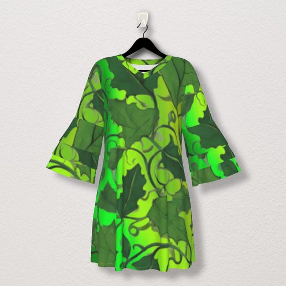 Green Vine Leaf Ruffle Sleeve Dress: Boho Gradient Fabric