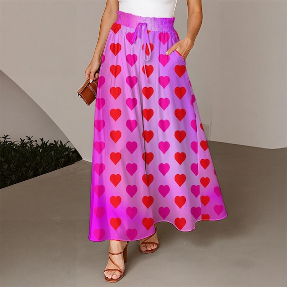 Pink and Red Hearts Women's Ruffled Wide-Leg Pants