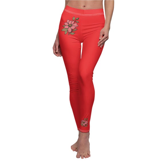 Solid Color Red Floral High Waisted Leggings for Women | Soft Yoga Pants with Minimal Flower Design | Stylish Workout & Lounge Wear