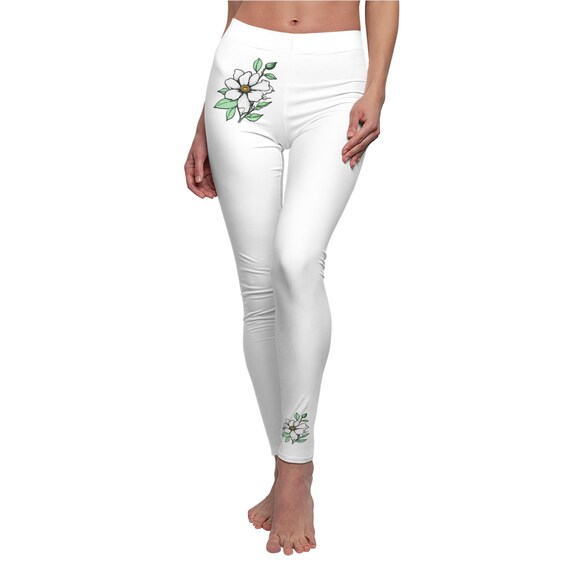 Solid Color White Floral High Waisted Leggings for Women | Soft Yoga Pants with Minimal Flower Design | Stylish Workout & Lounge Wear