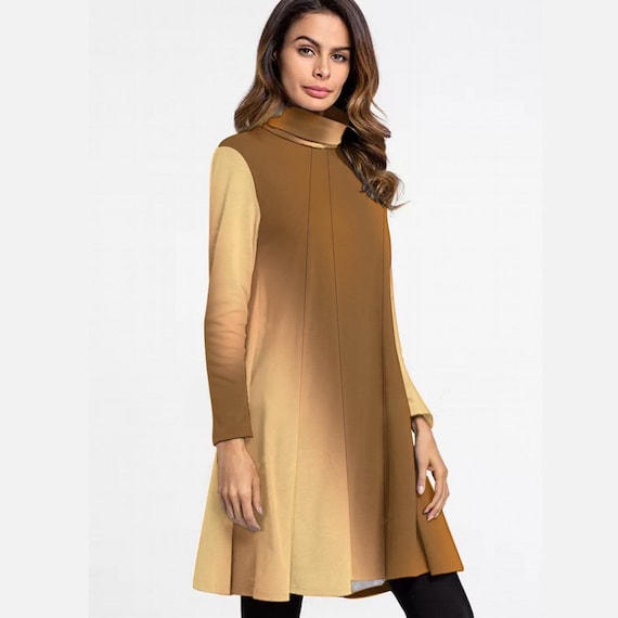 Floral Print Midi Dress: High Neck Long Sleeve Fall Fashion