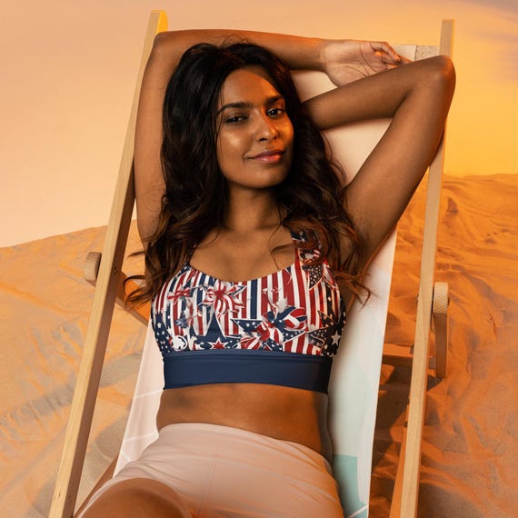 Patriotic USA Flag Recycled Longline Sports Bra: July 4th Workout Top