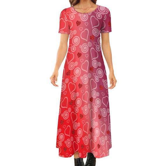 Hearts and Swirls Round Neck Short Sleeve Dress
