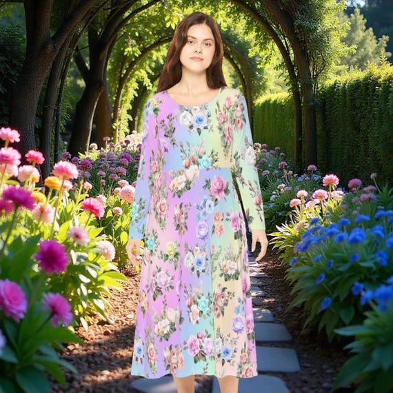 Pastel Rainbow Floral Dance Dress: Long Sleeve Boho Costume