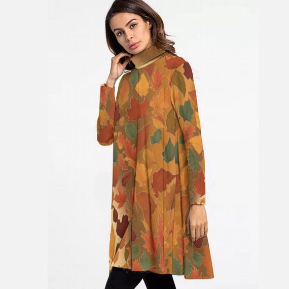 High Neck Long Sleeve Midi Dress: Fall Leaves Fashion for Women | Elegant Autumn Leaf Print Dress