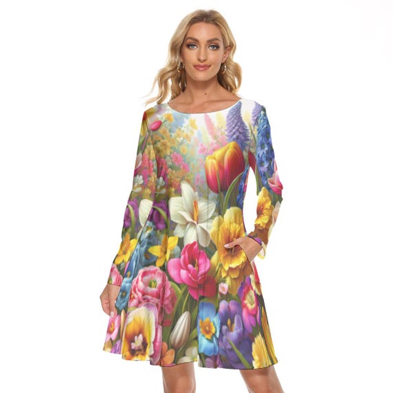 Vibrant Floral Print Dress: Long Sleeve Above-the-Knee Crew Neck