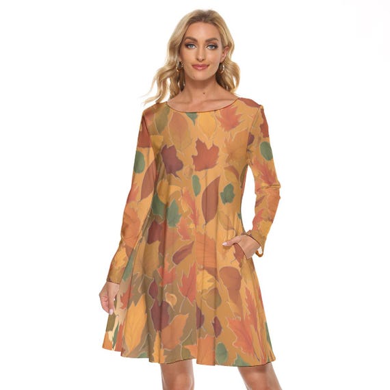 Fall Leaves Dress: Long Sleeve Microfiber Mini Dress with Pockets