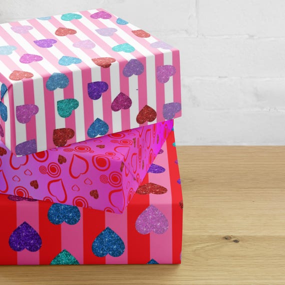 Valentine's Day Gift Wrapping Paper, Hearts and Swirls, Set of 3