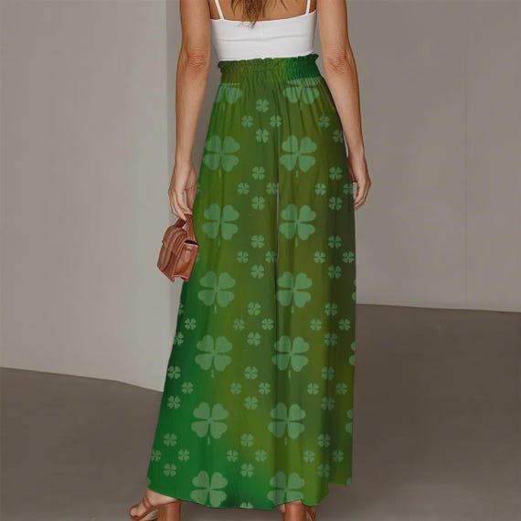 Women's Green Shamrock Ruffled Wide-Leg Pants