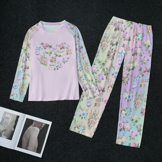 Pastel Rainbow Floral Pajamas: Women's Raglan Loungewear Set