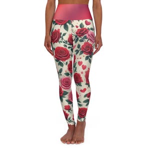 Yoga Leggings, Red Roses Pattern, Floral Workout Pants, Women&#39;s Activewear, Fitness Tights, Gym Leggings, Running Leggings