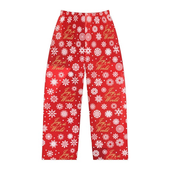 Red Christmas Pajama Pants: Gold 'Joy to the World' Snowflake Sleepwear
