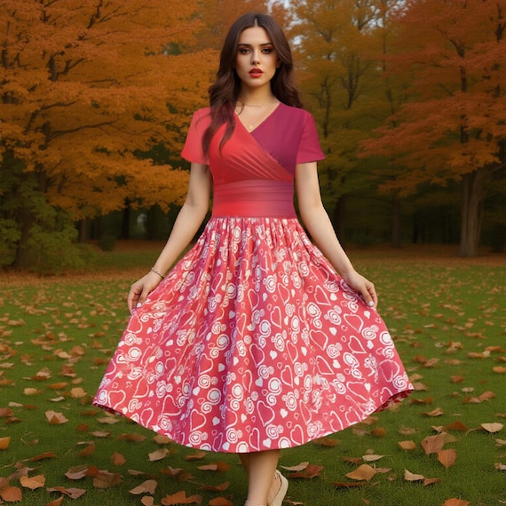 Red Hearts & Swirls Print Women’s V-Neck Short Sleeve Dress | Romantic Valentine or Everyday Cute Dress