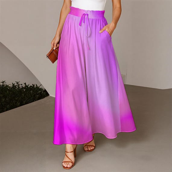Pink Gradient Women's Ruffled Wide-Leg Pants