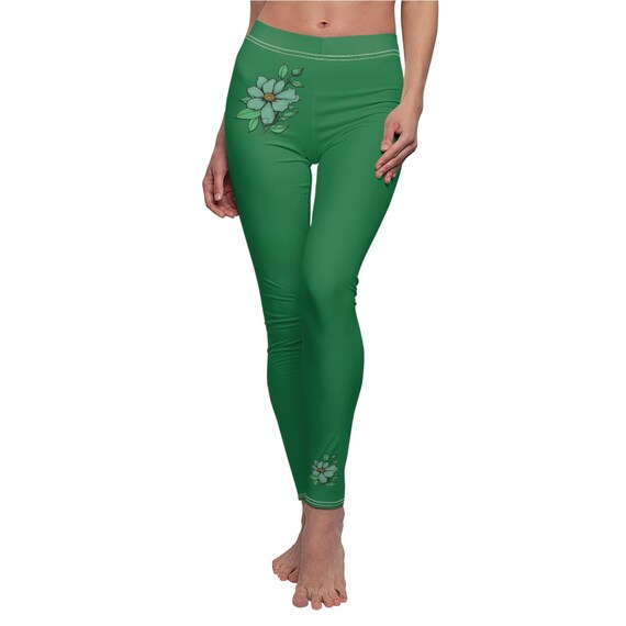 Solid Color Green Floral High Waisted Leggings for Women | Soft Yoga Pants with Minimal Flower Design | Stylish Workout & Lounge Wear